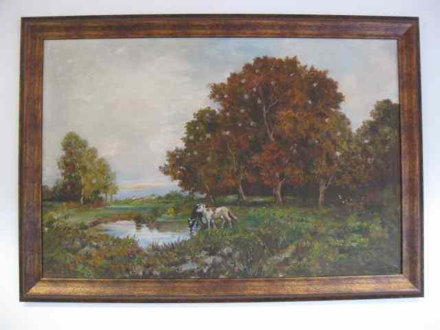 Appraisal: Califano Oil landscape with cows in the stream on canvas