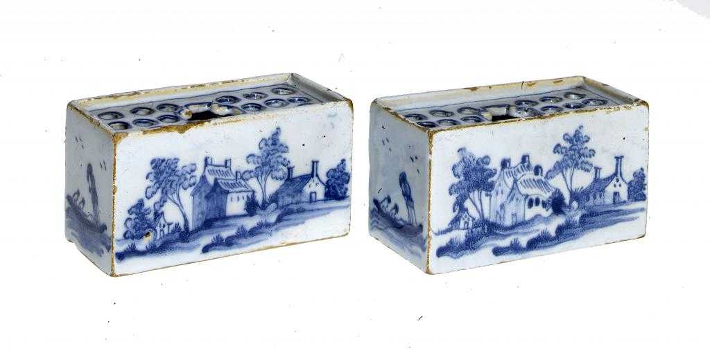 Appraisal: TWO ENGLISH DELFTWARE FLOWER BRICKS POSSIBLY LIVERPOOL attractively painted in