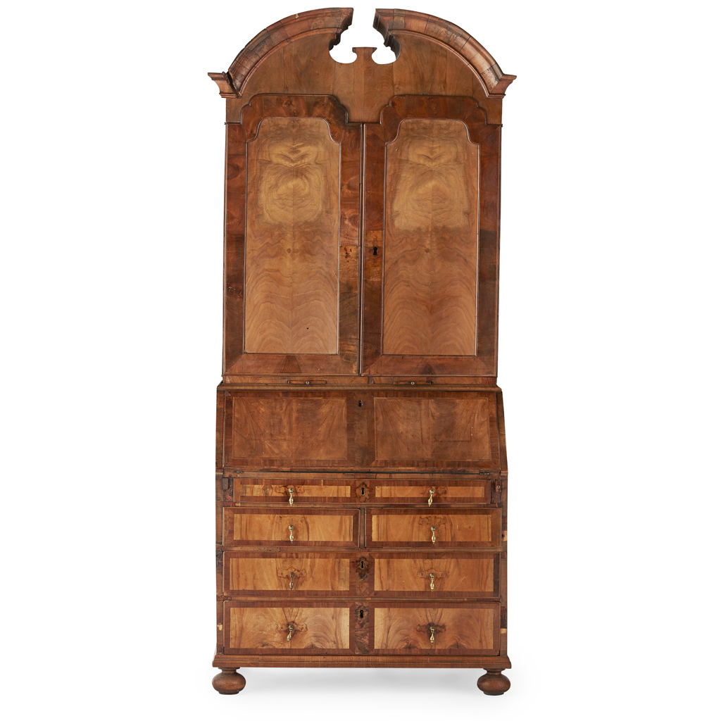 Appraisal: GEORGE I WALNUT BUREAU BOOKCASE EARLY TH CENTURY the broken