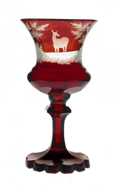 Appraisal: A BOHEMIAN RUBY FLASHED AND WHEEL ENGRAVED GLASS GOBLET the