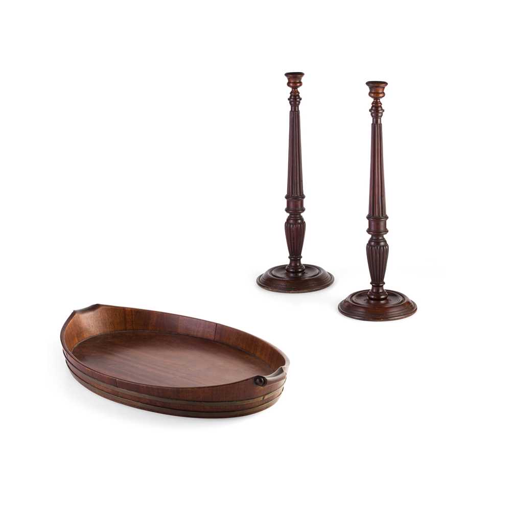 Appraisal: GEORGE III MAHOGANY TRAY AND CANDLESTICKS TH CENTURY the oval