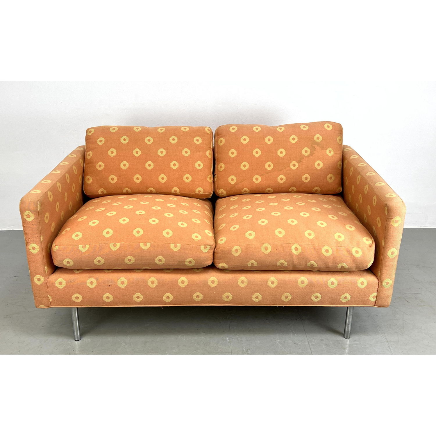 Appraisal: Patterned Upholstered Love Seat Modernist Seating with Chrome Tube Legs