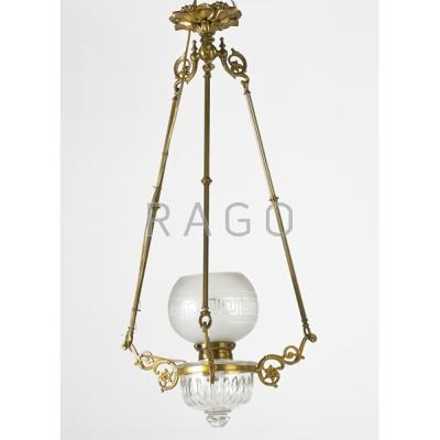 Appraisal: TRADITIONAL LIGHTING Reproduction oil lamp chandelier with gas shade electrified