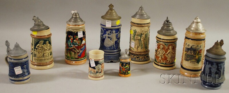 Appraisal: Nine German Pottery Steins an Ashtray and a Small Mug