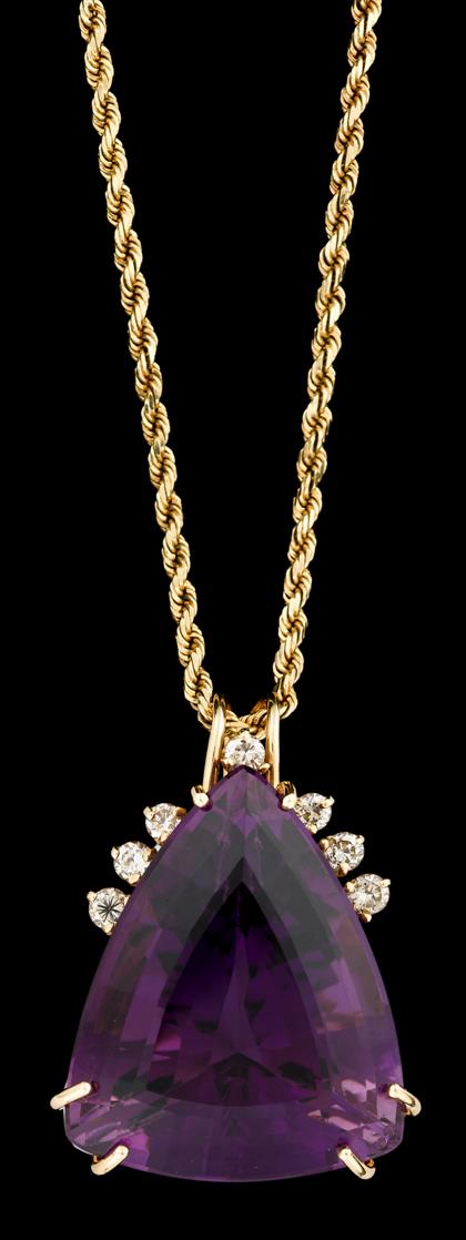 Appraisal: karat amethyst and diamond pendant and chainTriangular step cut amethyst