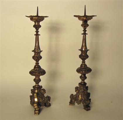 Appraisal: Pair of Baroque style silvered metal pricket sticks th century