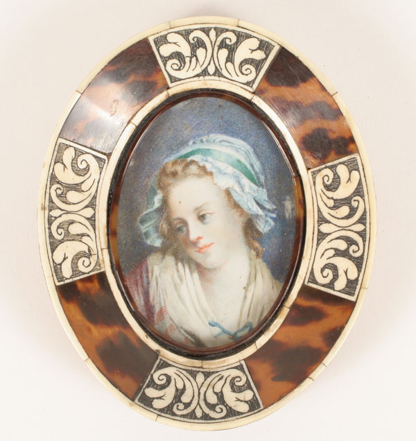 Appraisal: Hand painted portrait miniature in ivory and tortoiseshell veneer frame