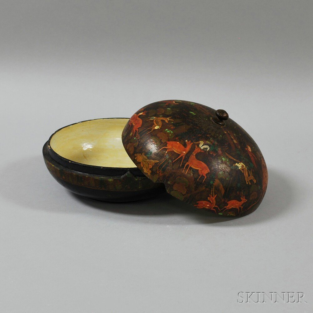 Appraisal: Indian Lacquered Box th century the ovoid covered box depicting