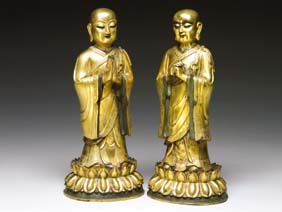 Appraisal: PAIR GILT BRONZE LOHAN Pair finely cast Chinese Ming-style gilt