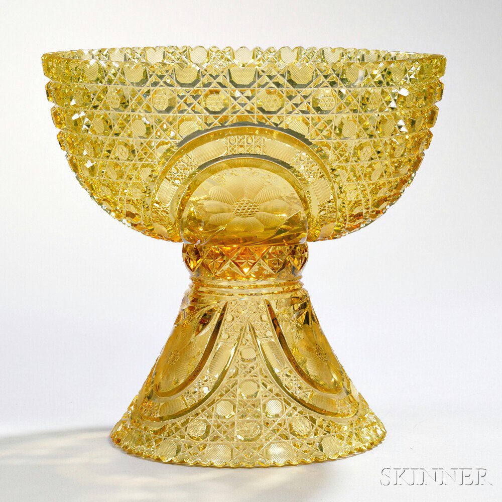 Appraisal: American Brilliant-cut Yellow Glass Punchbowl on Stand late th early