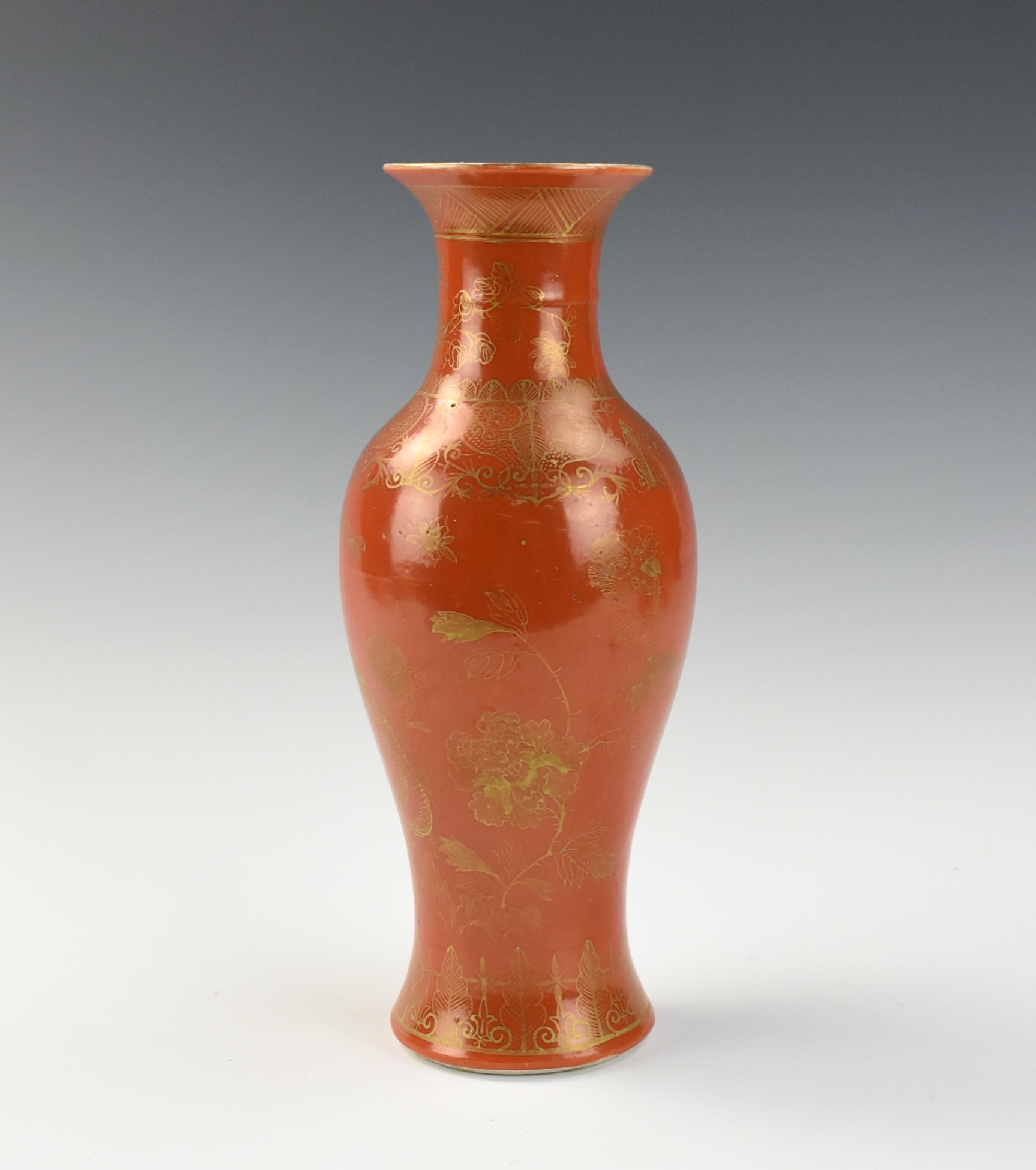 Appraisal: CHINESE CORAL RED GUANYIN VASE GILT TH C Chinese th