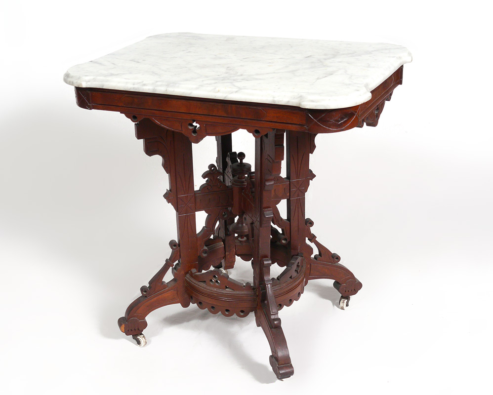 Appraisal: RENAISSANCE REVIVAL VICTORIAN PERIOD MARBLE TOP LAMP TABLE Cookie corner