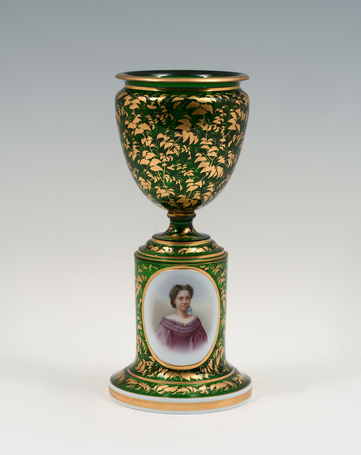 Appraisal: ENAMELED LIMOGES PEDESTALED PORTRAIT VASE Art glass vase having a