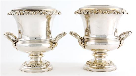 Appraisal: Pair silverplate wine coolers late th century upswept rim with