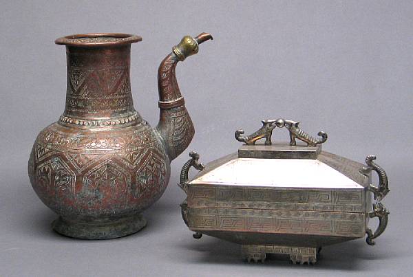 Appraisal: Two Asian etched metal vessels Including a Chinese silver-washed copper