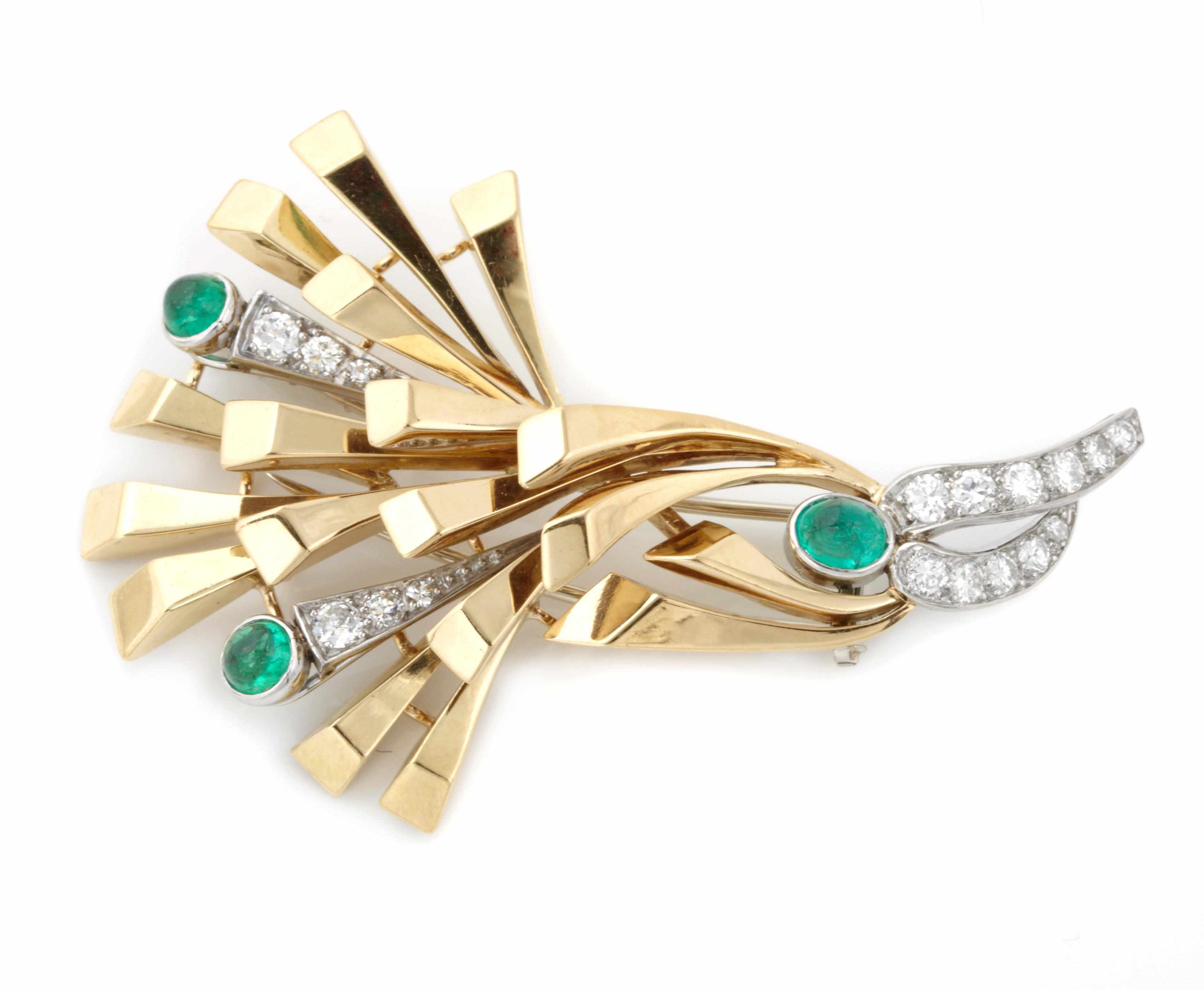 Appraisal: An emerald and diamond brooch mounted in bicolor gold dimensions