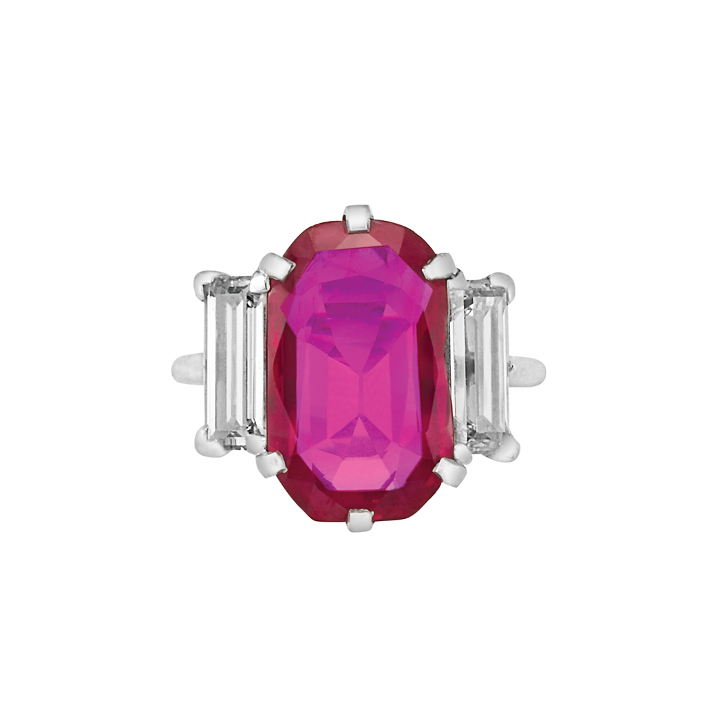 Appraisal: Platinum Ruby and Diamond Ring Cartier Platinum centering one octagonal-cut