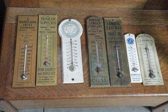 Appraisal: SEVEN WOODEN ADVERTISING THERMOMETERS ''Indianapolis Glove Company'' '' h ''