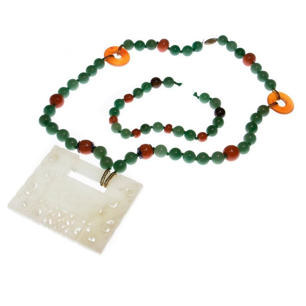 Appraisal: Jade coral chrysoprase carnelian k gold necklace the beaded necklace