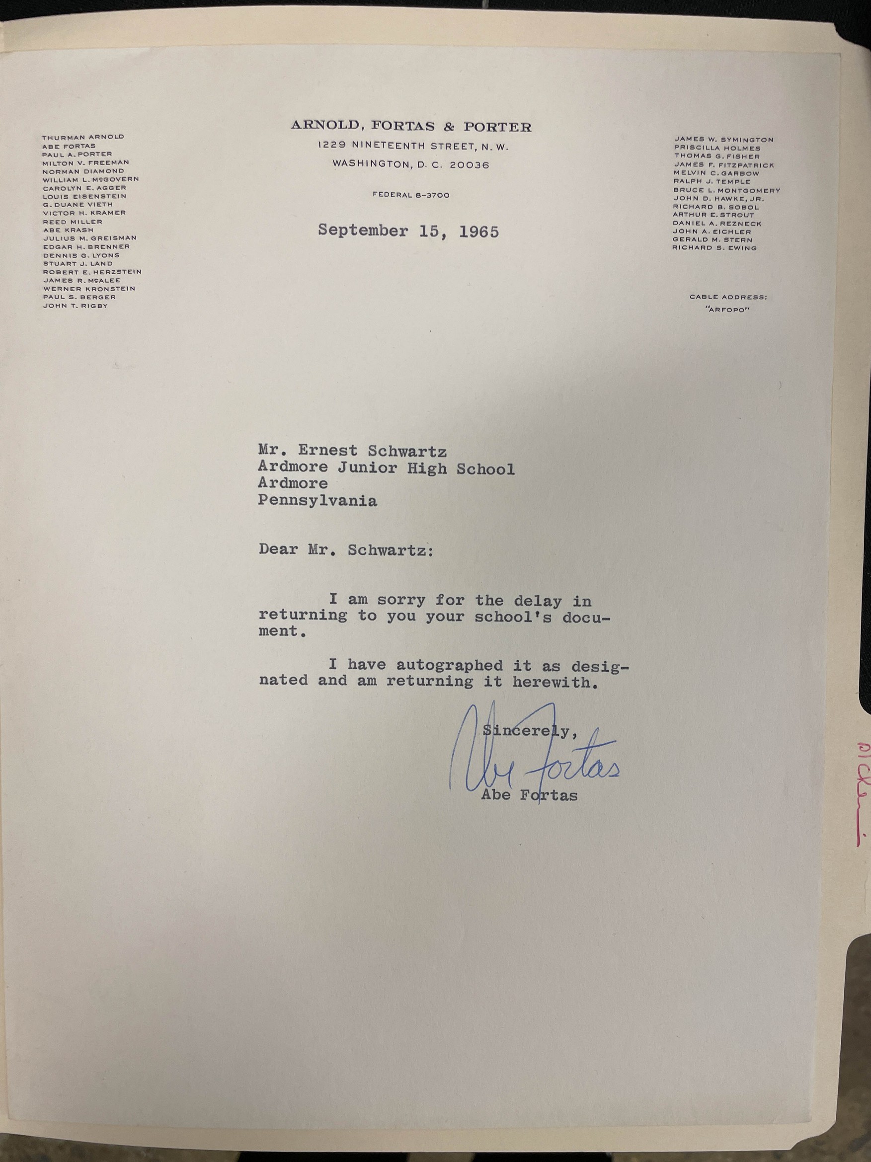 Appraisal: An typed letter signed by Supreme Court Justice Abe Fortas