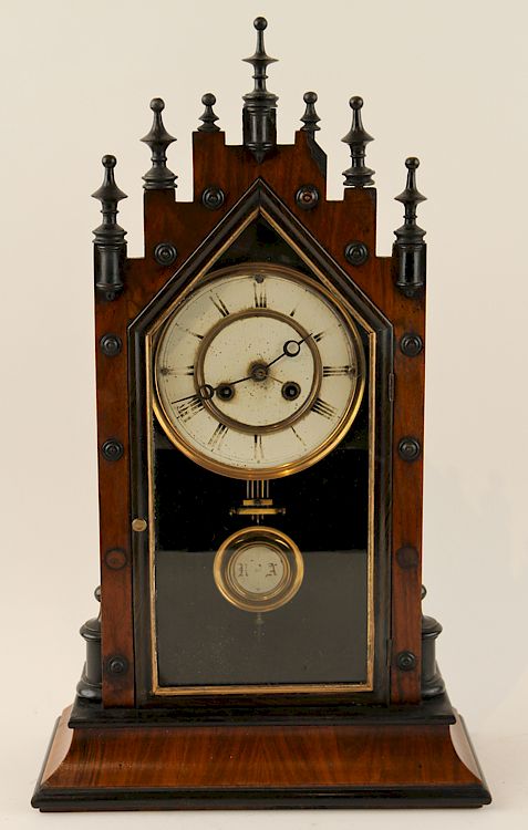 Appraisal: AMERICAN MAHOGANY MANTLE CLOCK EBONIZED CASE An American mahogany mantle