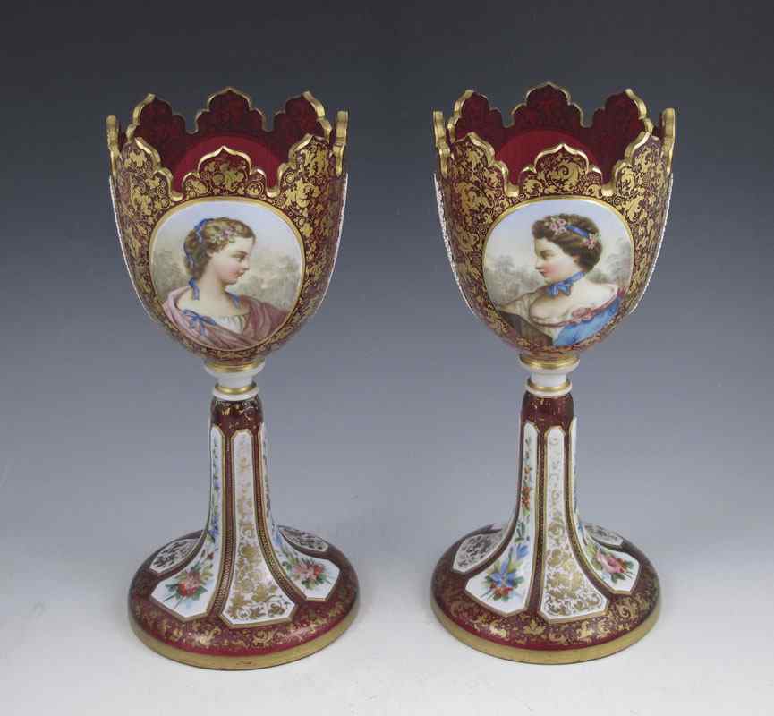 Appraisal: PAIR EARLY BOHEMIAN PORTRAIT GARNITURE Cranberry glass with white overlay