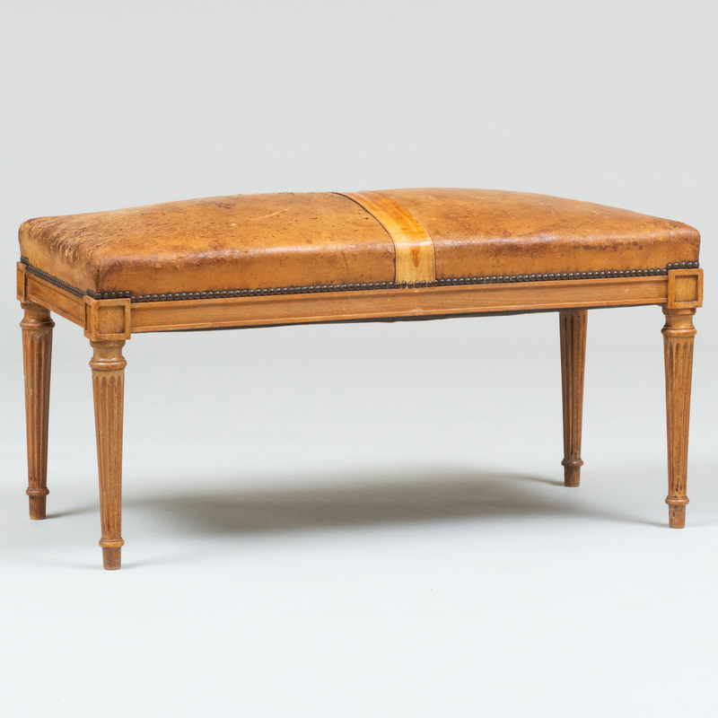 Appraisal: LATE LOUIS XVI STYLE BEECHWOOD AND LEATHER UPHOLSTERED BENCH x