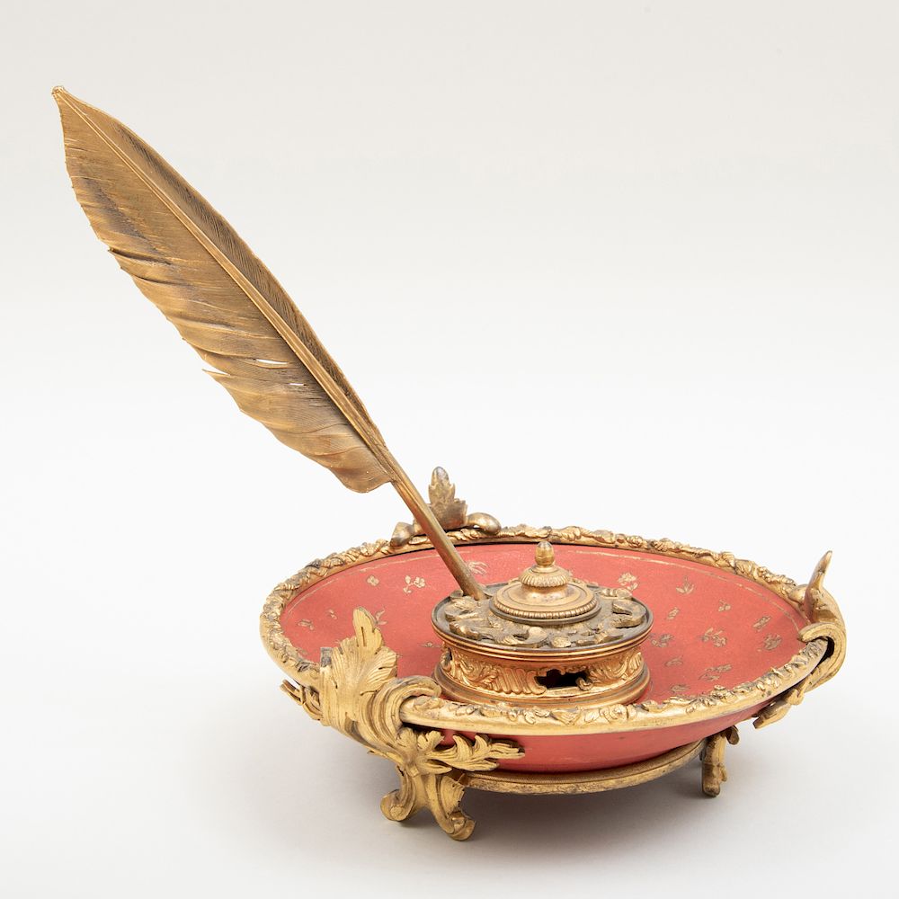 Appraisal: Louis XV Style Red Lacquer and Ormolu Inkstand Louis XV