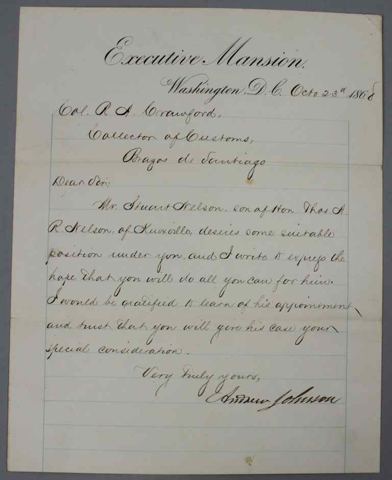 Appraisal: AUTOGRAPHED SIGNED LETTER FROM PRESIDENT ANDREW JOHNSON LETTER DATED OCTOBER