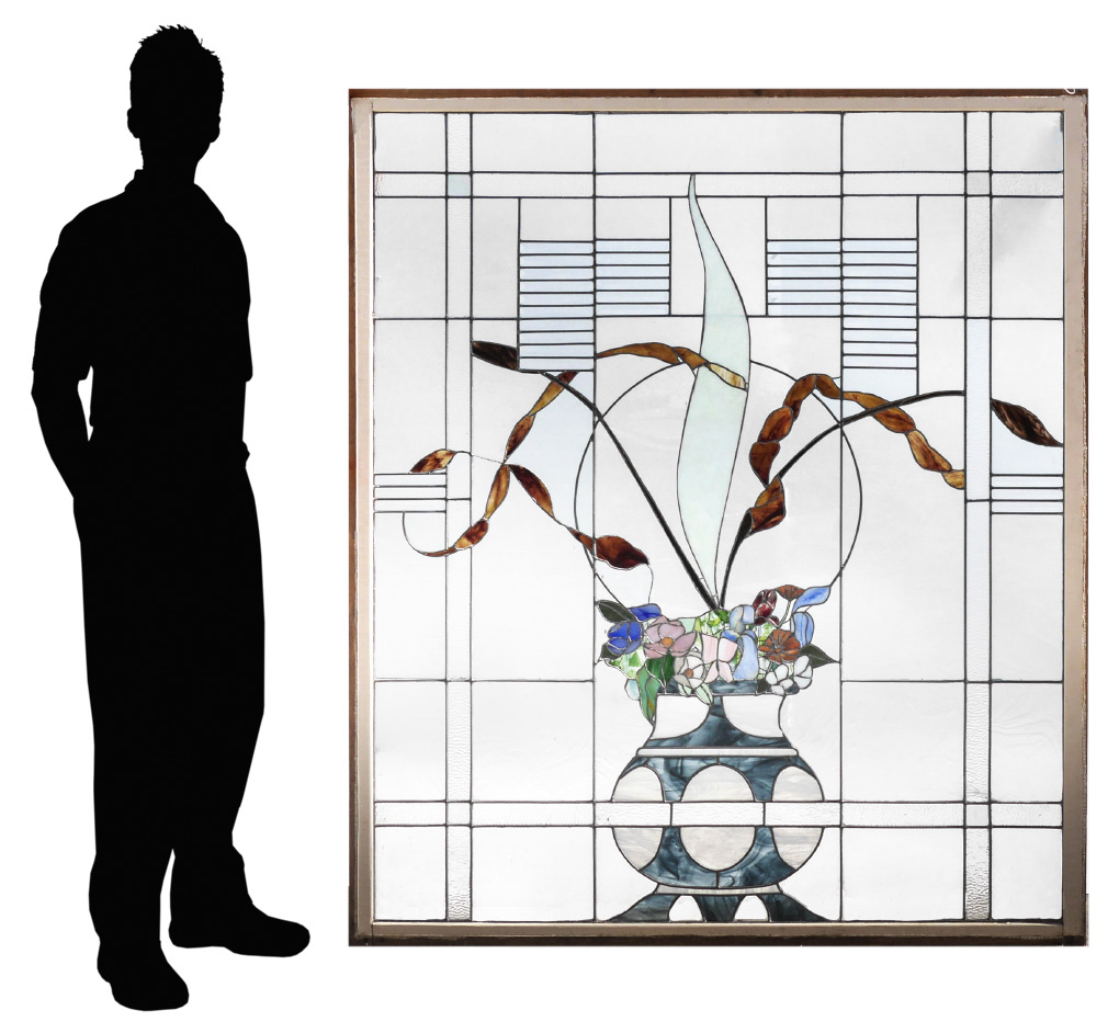 Appraisal: LARGE LEADED GLASS PANEL Contemporary art deco style with jardiniere