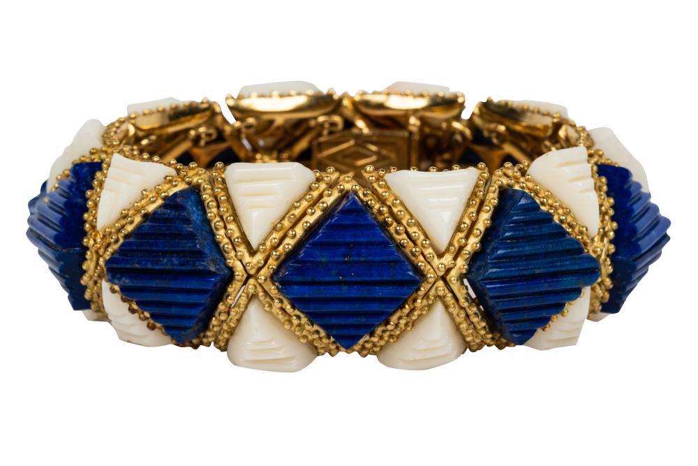 Appraisal: KARAT YELLOW GOLD LAPIS LAZULI WHITE HARDSTONE BRACELETpossibly with Swiss