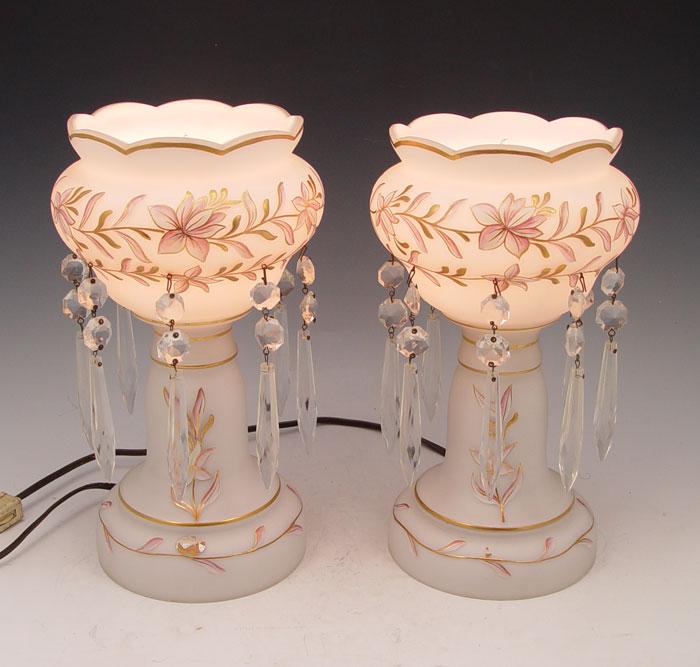 Appraisal: PAIR SATIN GLASS LUSTER LAMPS WITH PRISMS Hand painted gilt