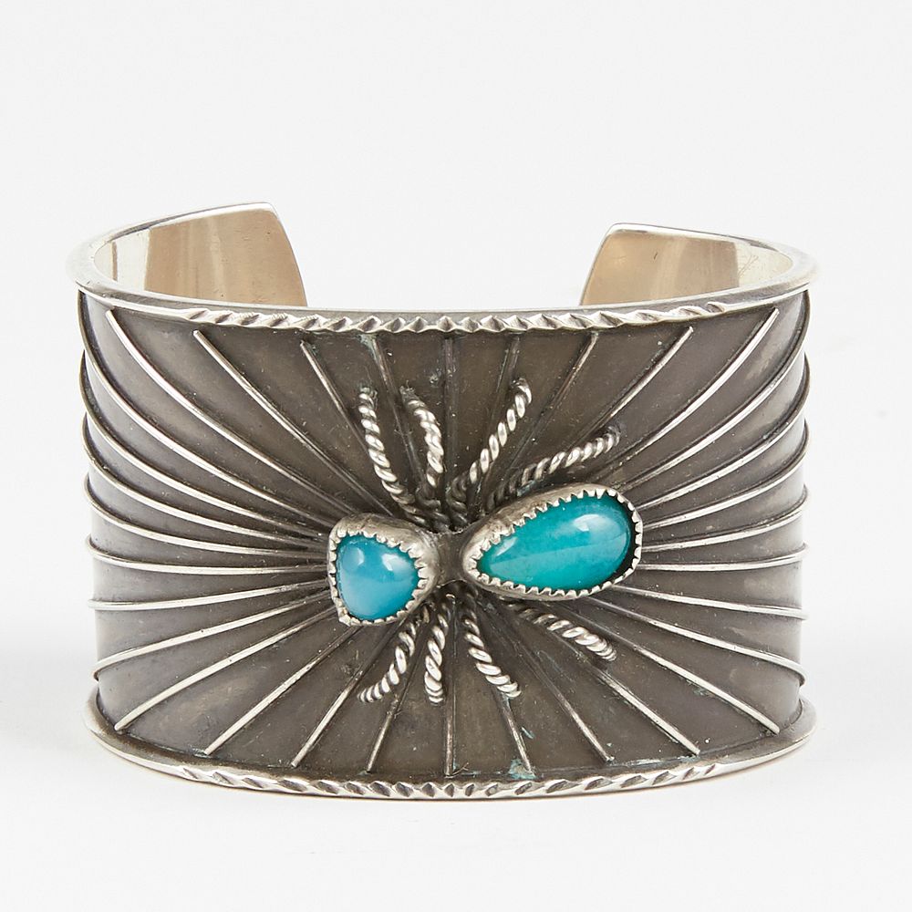 Appraisal: SW Native American Silver Chrysocolla-In-Chalcedony Spider Web Cuff Southwest Native