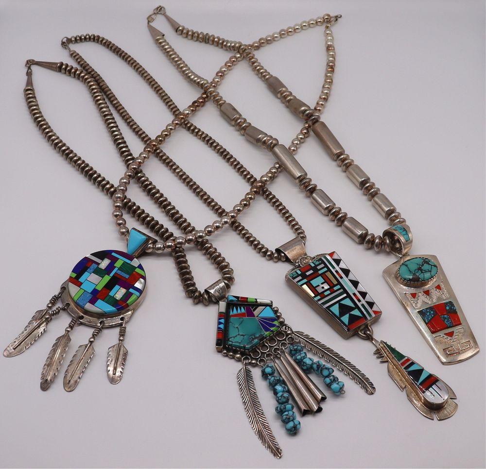 Appraisal: JEWELRY Inlaid Southwest Sterling Necklaces Includes a signed sterling inlaid