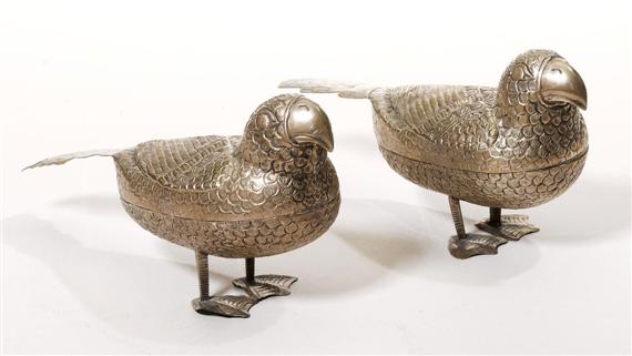 Appraisal: A PAIR OF BIRD-SHAPED SILVER BOXES Burma height cm Embossed