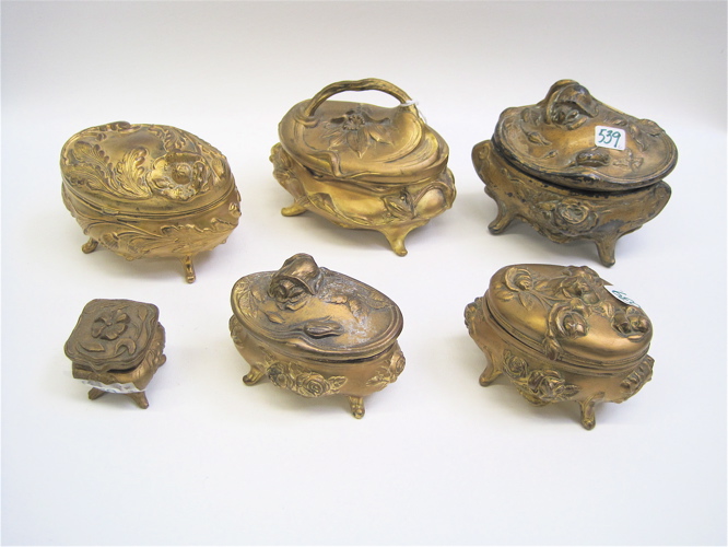 Appraisal: SIX GILT METAL JEWELRY BOXES in a variety of sizes