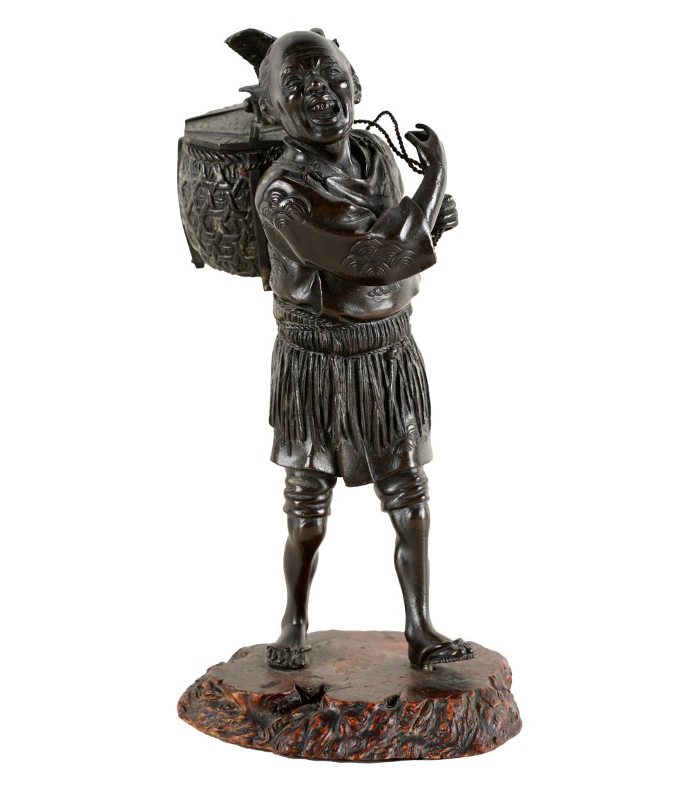 Appraisal: JAPANESE BRONZE FIGURE OF A FISHERMANmounted to a wooden base