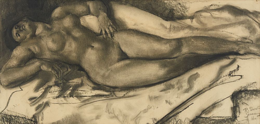 Appraisal: Reinhold Ewald Reclining Nude Charcoal Drawing Reinhold Ewald - Charcoal