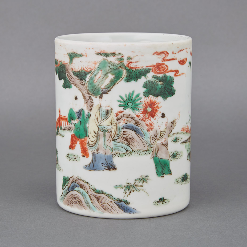 Appraisal: Chinese Famille Verte Glazed Porcelain Brushpot Kangxi Period Of cylindrical