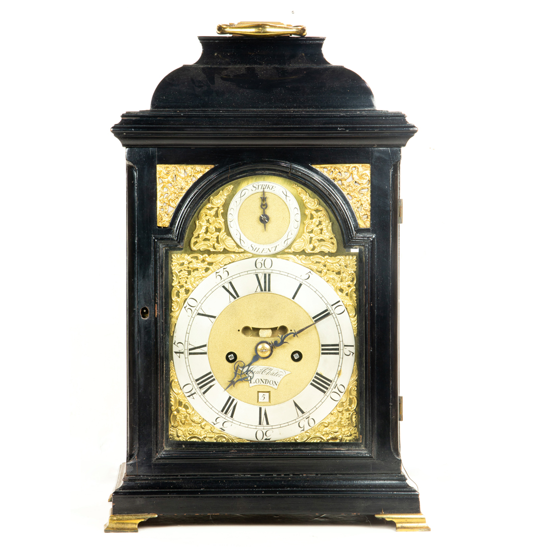 Appraisal: A GEORGE III EBONIZED BRACKET CLOCK A George III ebonized