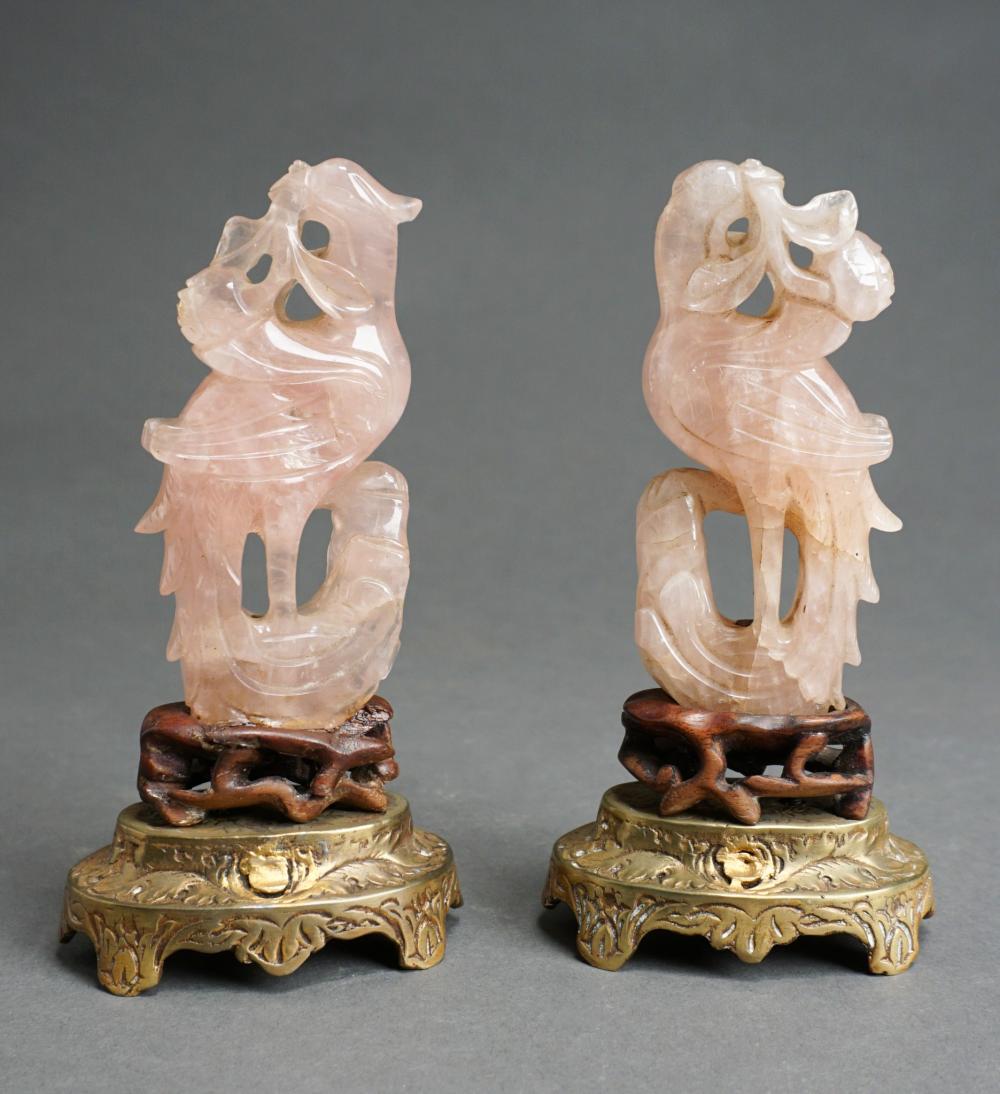 Appraisal: Pair Chinese Rose Quartz 'Phoenix' Sculptures on Bronze Bases H