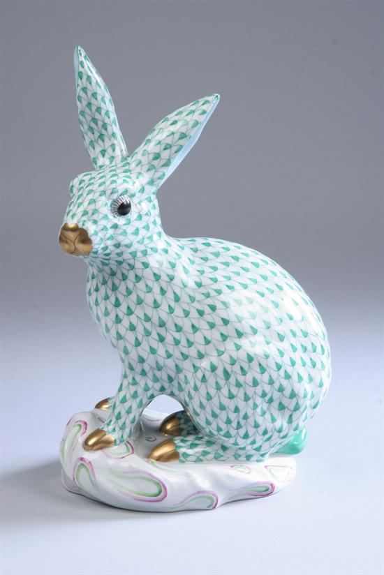 Appraisal: LARGE HEREND PORCELAIN RABBIT Green fishnet - in tall http