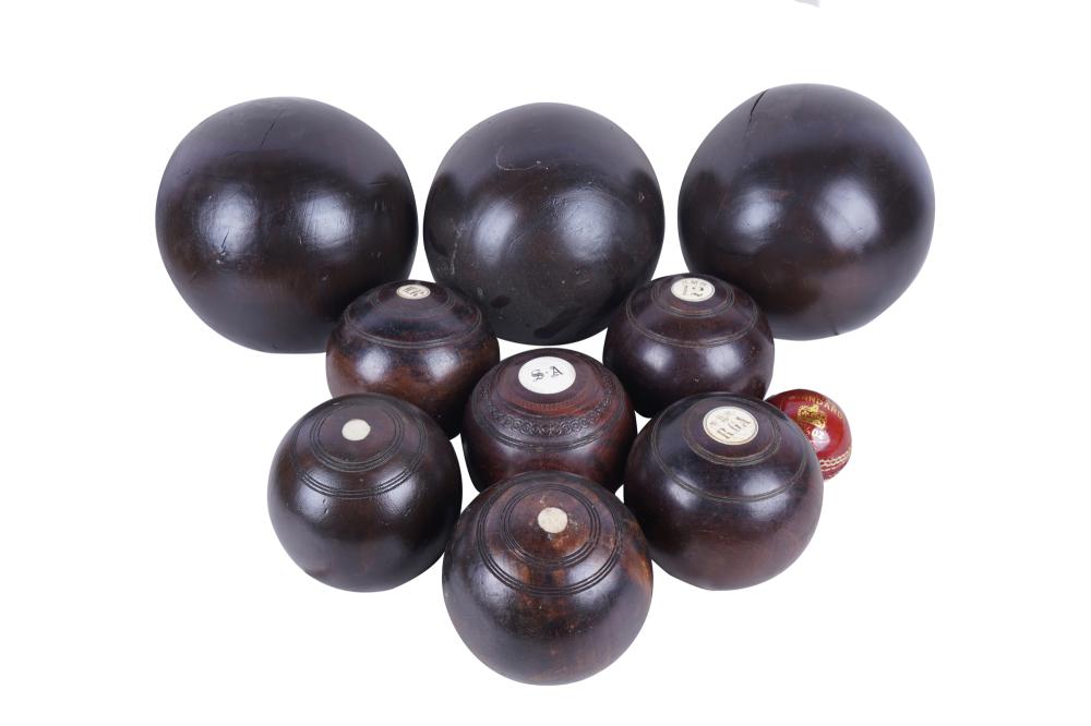 Appraisal: WOOD LAWN BOWLING BALL SETcomprising nine wood balls and one