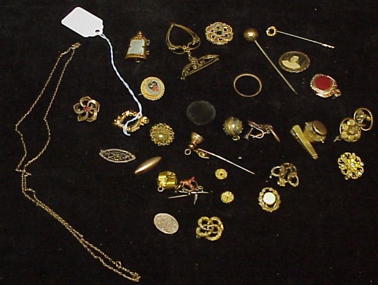 Appraisal: Gold filled Victorian and costume lockets pins and watch fobs