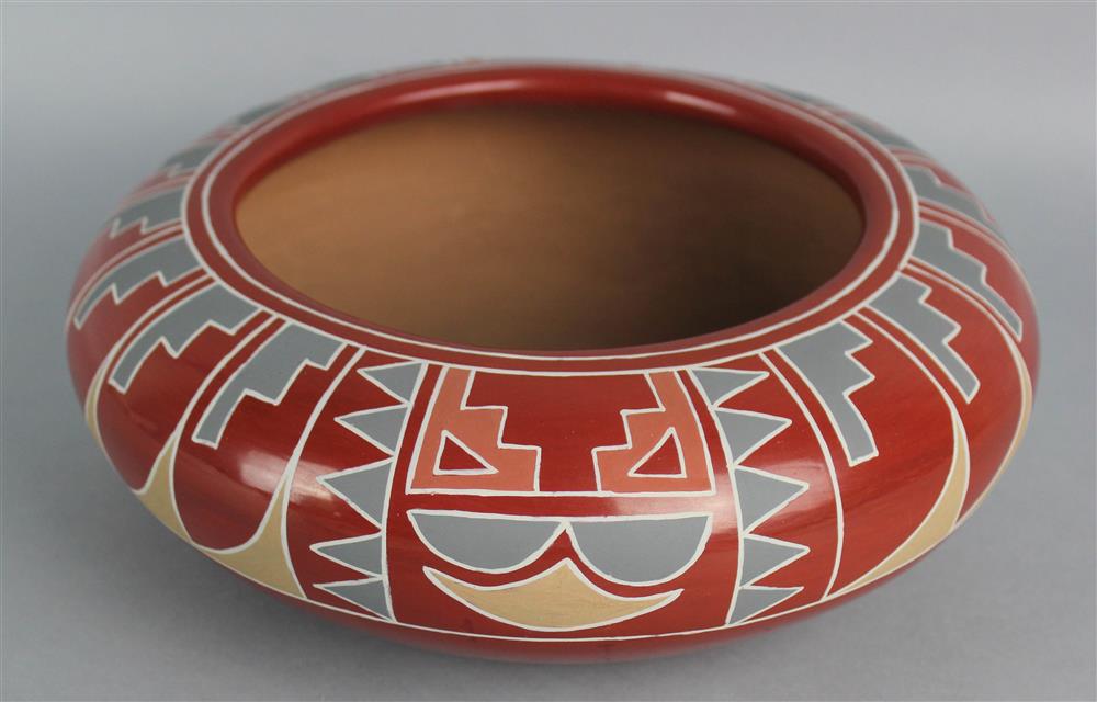 Appraisal: NATIVE AMERICAN POLYCHROME REDWARE BOWL Santa Clara Pueblo circa matte