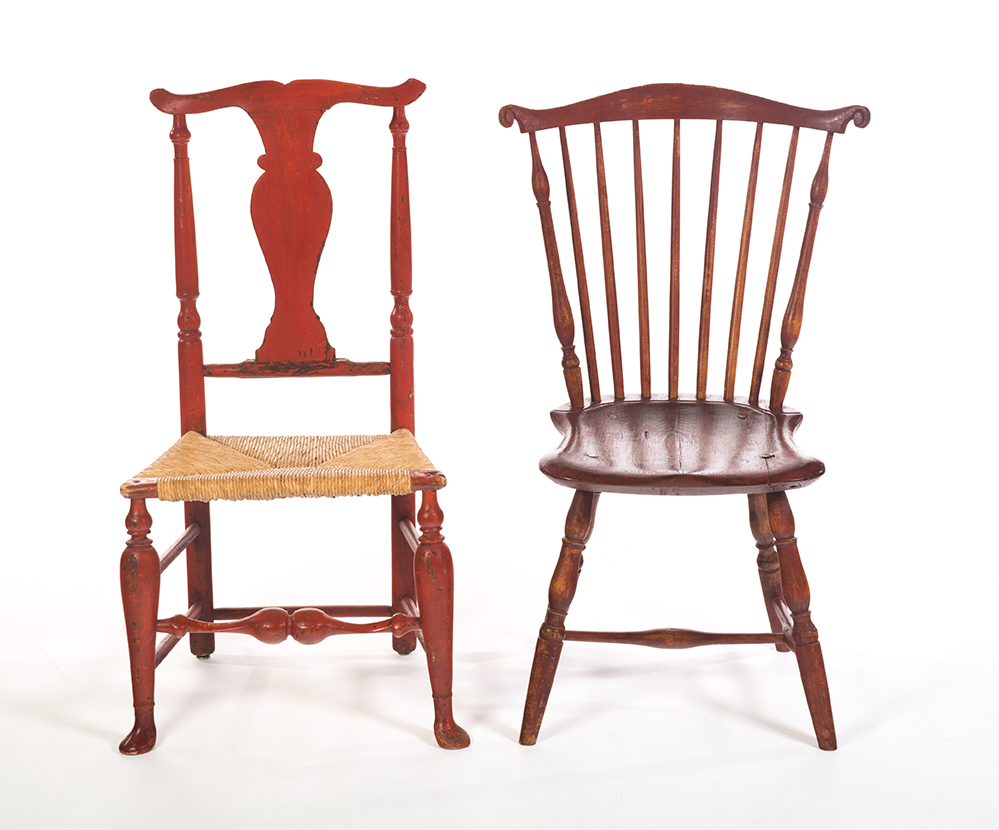 Appraisal: TWO COUNTRY CHAIRS WITH RED PAINT American Queen Anne vase-back