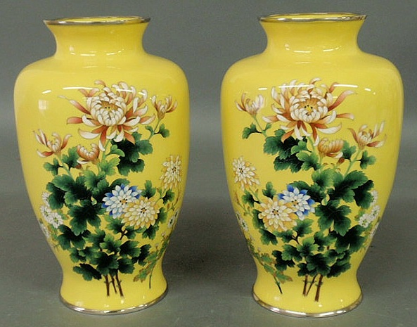 Appraisal: Pair of yellow Chinese cloisonn vases with floral motifs h