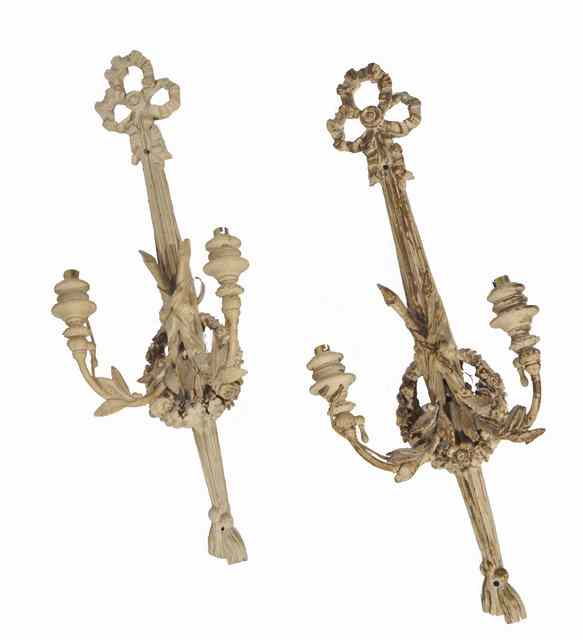 Appraisal: A PAIR OF CREAM PAINTED TWO BRANCH WALL LIGHTS of