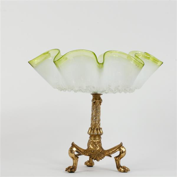 Appraisal: Victorian vaseline opalescent glass compote with ruffled bowl on gilt