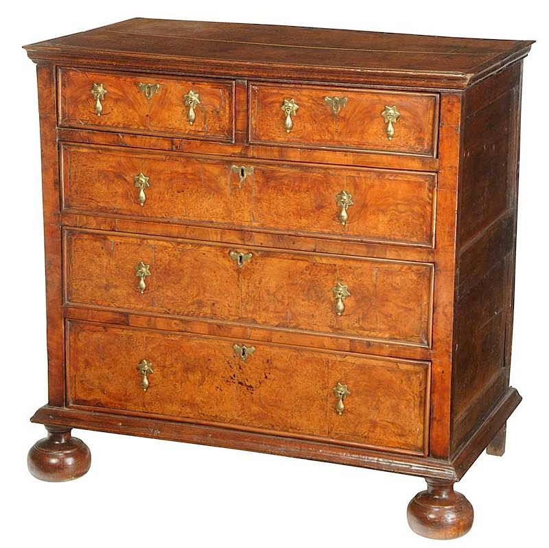 Appraisal: William and Mary Burl Wood Five Drawer Chest British early